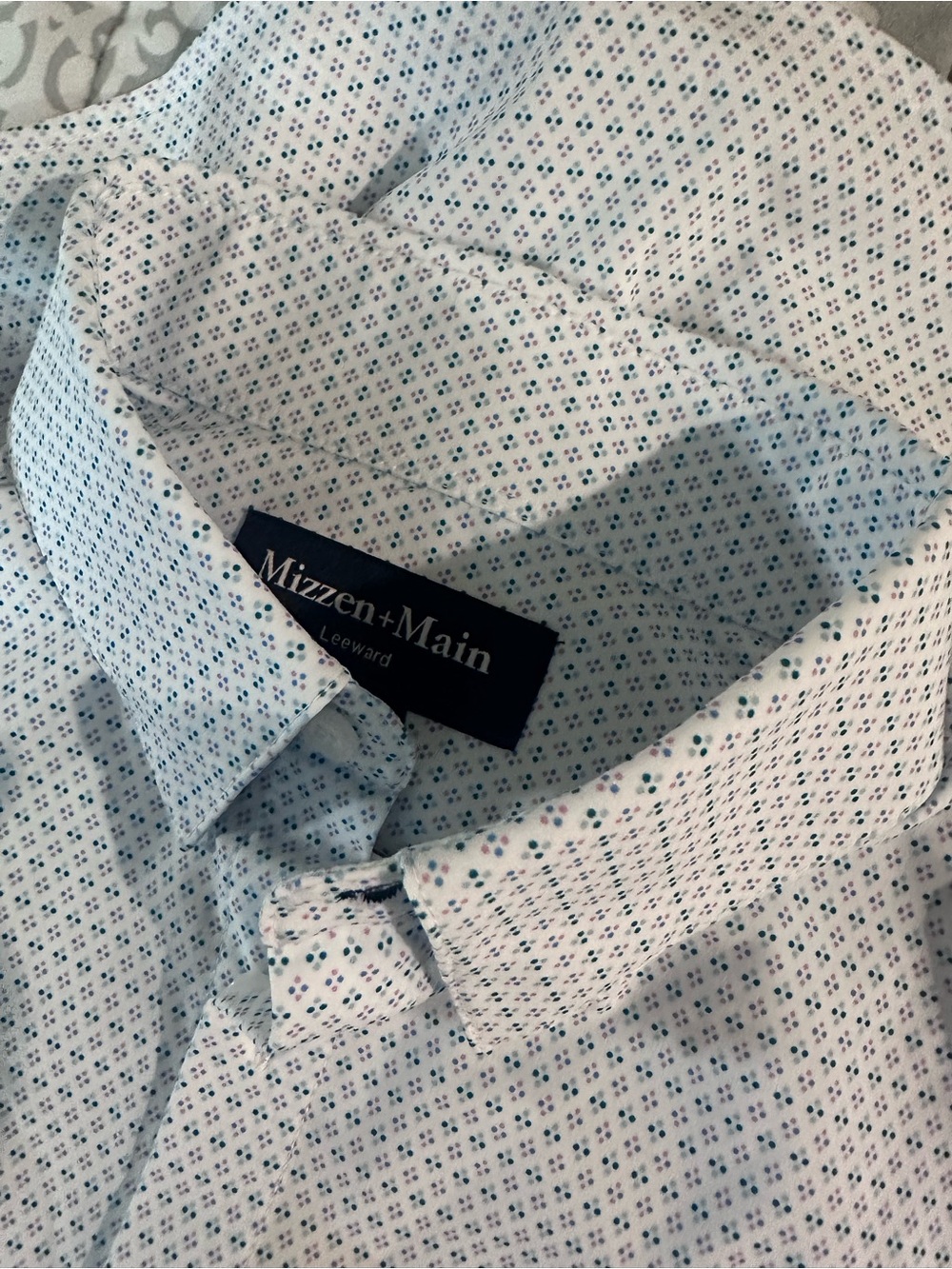 Mizzen+Main White Shirt with Blue and Teal Micro Print